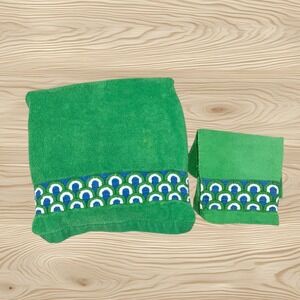 Springmaid Vintage Green Embroidered Trim Bath Towel and Wash Cloth Set